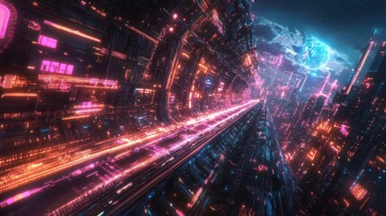 Futuristic Cityscape with Neon Lights and a Glowing Orb