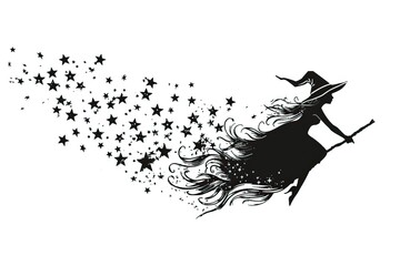 Silhouette of a witch flying on broomstick with trail of stars white background
