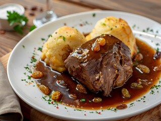 Rhenish Sauerbraten with raisins and potato dumplings