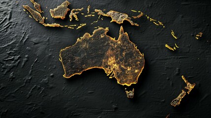 Golden Outline of Australia and New Zealand on a Black Background