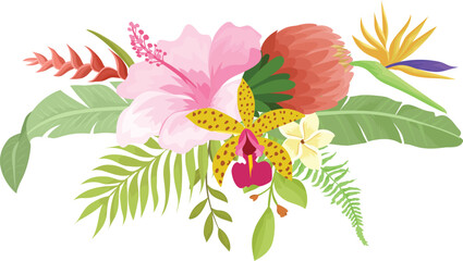 Tropical flower bouquet. Hibiscus. Orchid flowers. and tropical leaves