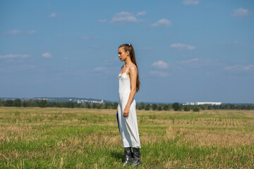 Full body portrait of a young beautiful brunette woman