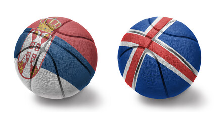 basketball balls with the national flags of iceland and serbia on the white background.