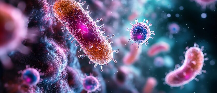 A closeup of a prion interacting with a microorganism, highlighting the spread of contamination and the immune systems efforts to contain the pathogen