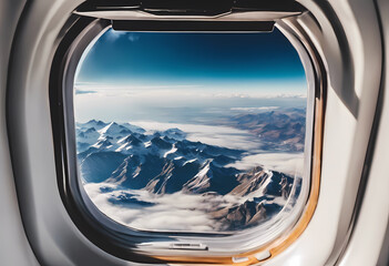 Naklejka premium Mountain Range through the Airplane window