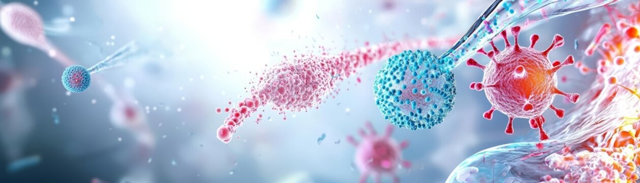 A detailed microscope view of a prion interacting with immune cells, highlighting the spread of pathogens and the challenges of treating prionrelated diseases