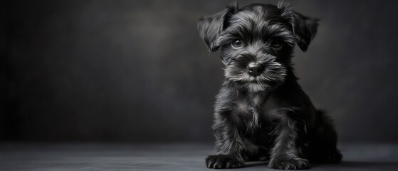 A small, black Miniature Schnauzer puppy with a soft, curly coat sits on a dark background. Its big, round eyes and tiny white beard give it an adorable and innocent expression.