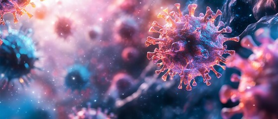 Fototapeta premium A detailed view of a virus causing a mutation in an immune cell, highlighting the challenges of treating prionrelated diseases and pathogen contamination