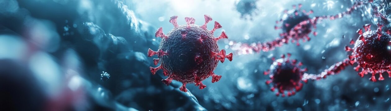 A detailed visual of a virus undergoing mutation, highlighting its effects on immunity and potential prion contamination in a medical science setting
