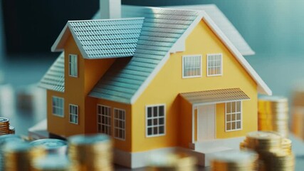 The image features a yellow model house placed amidst numerous stacks of coins. This setup symbolizes real estate investment and financial growth in property markets. - Powered by Adobe
