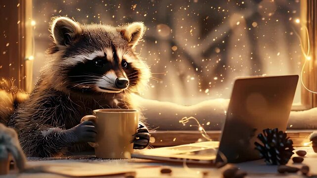 Cute raccoon drinking coffee