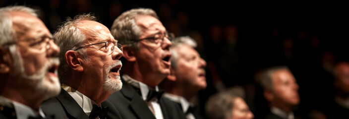 Group of elderly men performing in choir, dressed in formal black tuxedos with bow ties, captured in passionately expressive moment during concert.