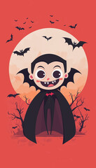 Cute Cartoon Vampire Character Smiling Against Spooky Halloween Background