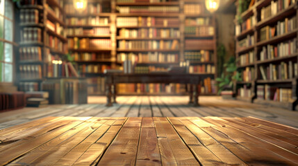 Cozy library interior featuring wooden floors, warm lighting, and shelves filled with books. ambient atmosphere is perfect for reading or studying in quiet environment.