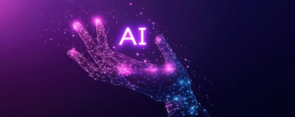 Futuristic AI concept featuring a digital robot hand holding the word AI with glowing neon lights on a dark background