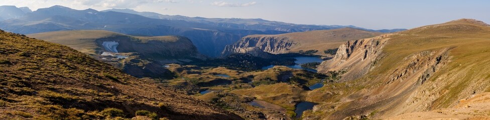 Panorama overlooking Beartooth Basin Summer Ski Area on scenic Beartooth Highway 212 in Wyoming in August