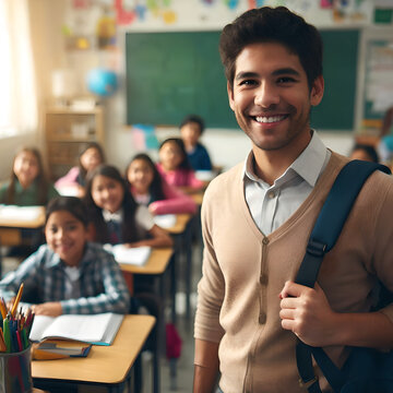 Profesor llegando a clase con sus alumnos, en escuela primaria, ambiente calido.