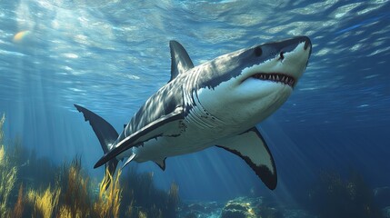 Obraz premium The great white shark: apex predator of the ocean's depths and Its role in marine ecosystems.