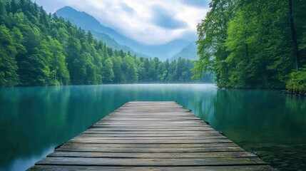 Wooden Dock Extending into a Serene Mountain Lake