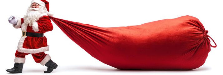 A festive image of Santa Claus cheerfully pulling a large red sack filled with gifts, representing the spirit of Christmas and giving.
