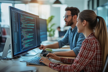 Two computer programmers working together on code, using a desktop computer in a busy office