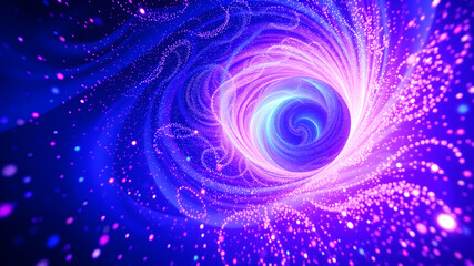 A swirling vortex of glowing neon particles in 3D space, with colors shifting from blue to purple.