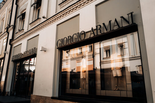 Stylish facade of the famous luxury boutique Giorgio Armani on the historical shopping street of Moscow.