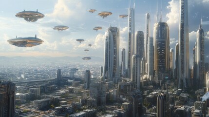 Futuristic Cityscape with Flying Saucers and Tall Skyscrapers
