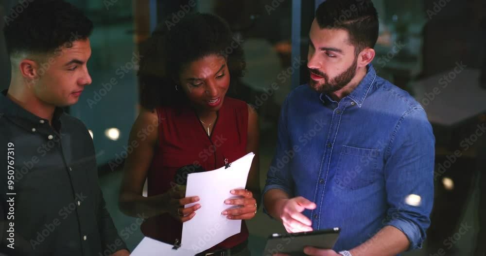 Poster tablet, night and team of business people in discussion, planning strategy or communication with pap