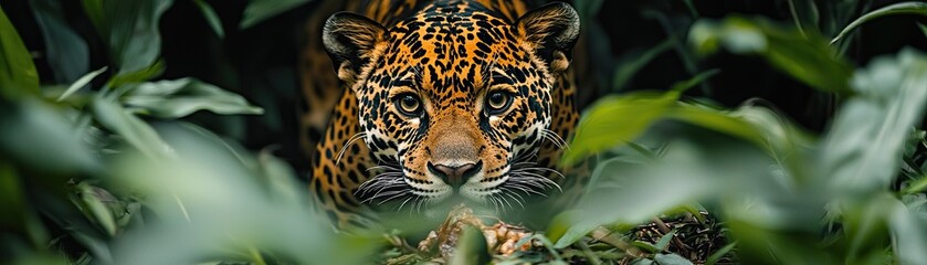 Obraz premium A wildlife photographer stealthily navigating a dense jungle, capturing the rare sight of a jaguar stalking its prey, perfectly timed shot full of tension.
