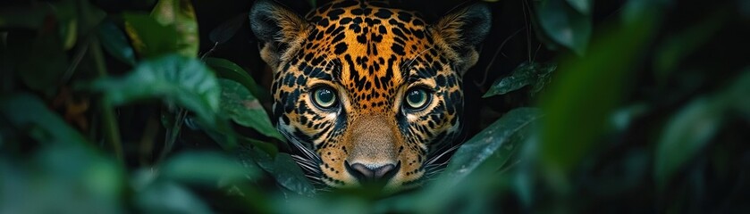 Fototapeta premium A wildlife photographer stealthily navigating a dense jungle, capturing the rare sight of a jaguar stalking its prey, perfectly timed shot full of tension.