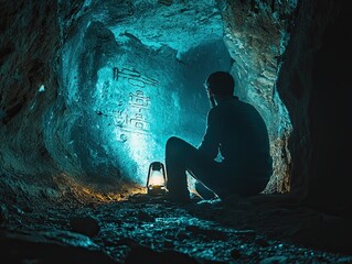 Fototapeta premium An explorer uncovering ancient ruins in a hidden cave, the light from a lantern revealing cryptic symbols on the walls, a moment of thrilling discovery.