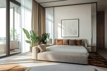 Fototapeta premium Stylish hotel bedroom interior with sofa and bed, glass partition. Mockup frame