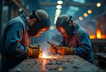 Workers welding in metallurgical factory with helmet, gloves on production line