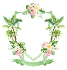 Palm Trees Watercolor Flowers Wedding Crest template PNG. Wedding Design	