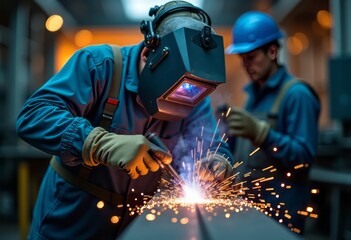 Workers welding in metallurgical factory with helmet, gloves and protective equipment 