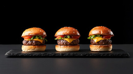 a row of three mini burger sliders each slightly different on a dark slate