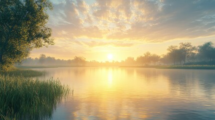 Obraz premium Hazy sunset over a calm river with digital reflections, humid weather, photorealistic, golden hour glow, serene scene.