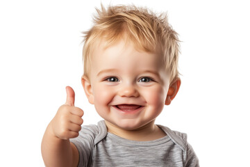 A cute baby boy with spiky blonde hair is smiling and giving a thumbs up gesture, isolated on a transparent background.