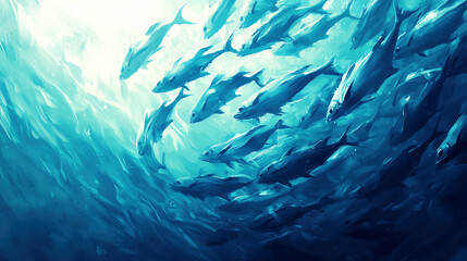 Fototapeta premium School of Fish Swimming in Deep Blue Ocean Waters