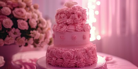A feminine pink cake for a quinceanera party