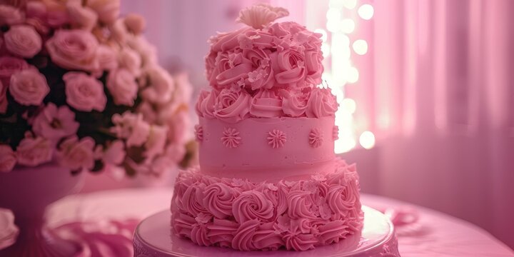 A feminine pink cake for a quinceanera party