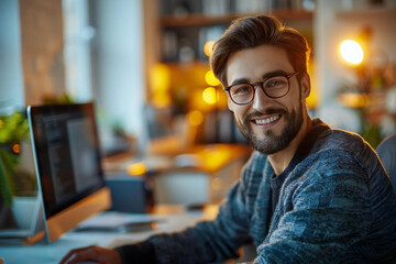Fototapeta premium close-up photo of a happy and confident businessman wearing eyeglasses, working on a computer at his office desk.