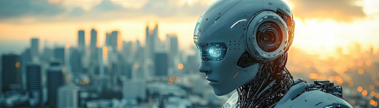 In a smart city, a robot factory develops mind control devices to enhance human-robot interaction, highlighting an advanced technological environment.