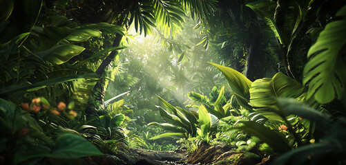 Obraz premium Lush Tropical Jungle with Sunlight Streaming Through the Canopy