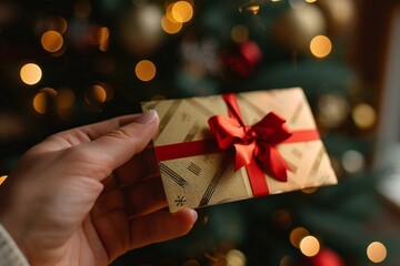 person's hand holding a gift card with a blurred background.
