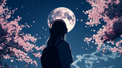 beautiful illustration beautiful anime girl in pink with sakura and moon