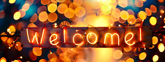 The text “Welcome” against a blurry background of lights. Welcome concept, signage at the entrance.