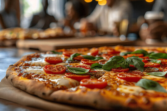 Close-up of diverse group of businesspeople enjoying a pizza party in the office, celebrating and bonding over a meal together.