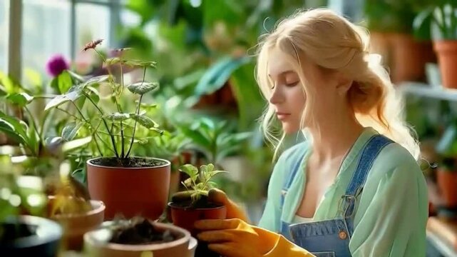 Uma jardineira carinhosa transplanta com ternura uma variedade vibrante de plantas de seu jardim em vasos novos e mais favor&aacute;veis.